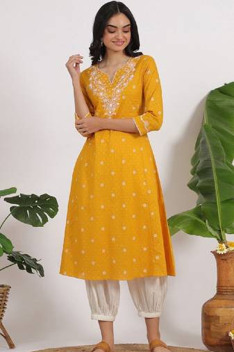 Floral printed cotton thread work v-neck a-line kurta