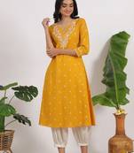 Floral printed cotton thread work v-neck a-line kurta