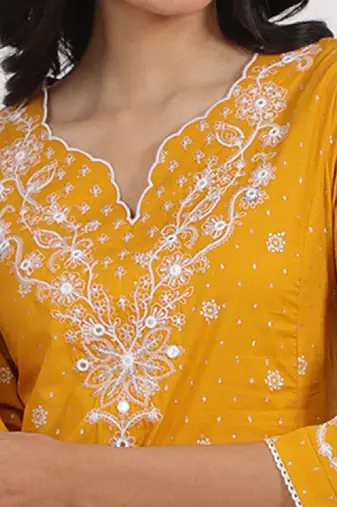 Floral printed cotton thread work v-neck a-line kurta