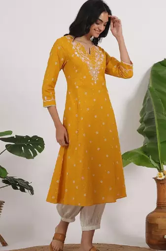 Floral printed cotton thread work v-neck a-line kurta