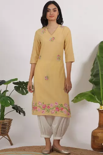 Floral embroidered thread work v-neck straight kurta