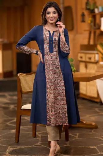 Navy blue ethnic motifs printed notch neck cotton a-line flared kurta