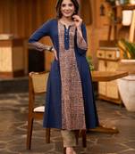 Navy blue ethnic motifs printed notch neck cotton a-line flared kurta