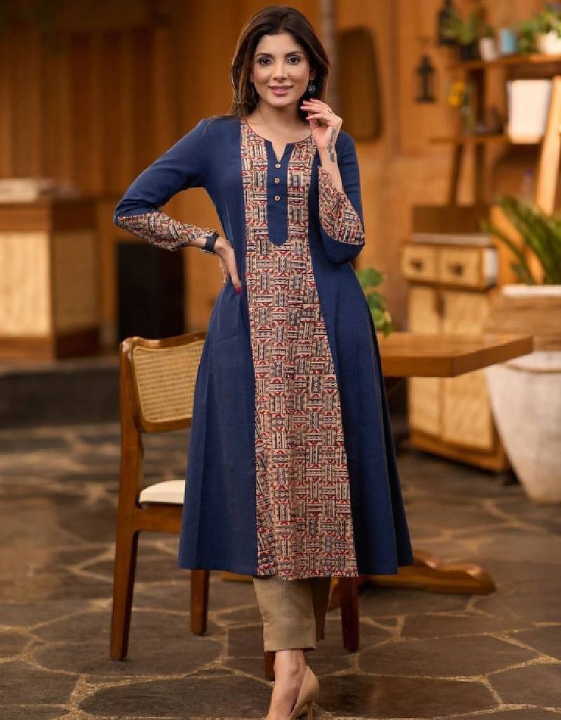Navy blue ethnic motifs printed notch neck cotton a-line flared kurta
