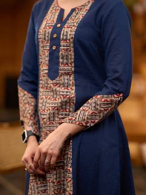 Navy blue ethnic motifs printed notch neck cotton a-line flared kurta 2