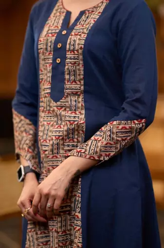 Navy blue ethnic motifs printed notch neck cotton a-line flared kurta