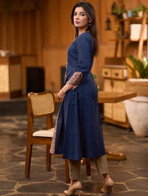 Navy blue ethnic motifs printed notch neck cotton a-line flared kurta 3