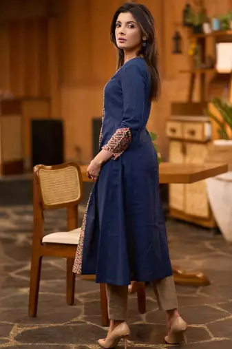 Navy blue ethnic motifs printed notch neck cotton a-line flared kurta