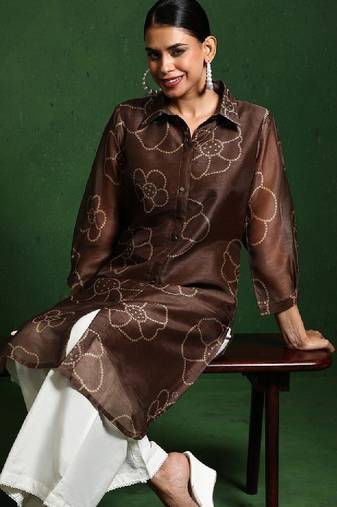 Floral printed chanderi silk shirt collar straight kurta