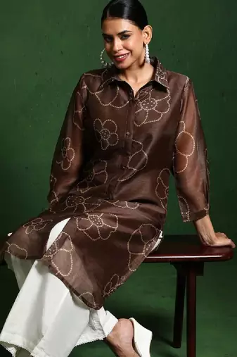 Floral printed chanderi silk shirt collar straight kurta