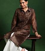 Floral printed chanderi silk shirt collar straight kurta