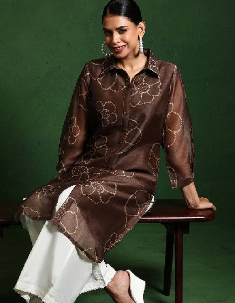 Floral printed chanderi silk shirt collar straight kurta