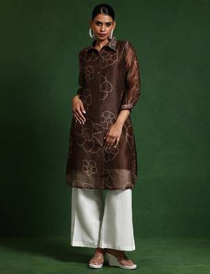 Floral printed chanderi silk shirt collar straight kurta 2