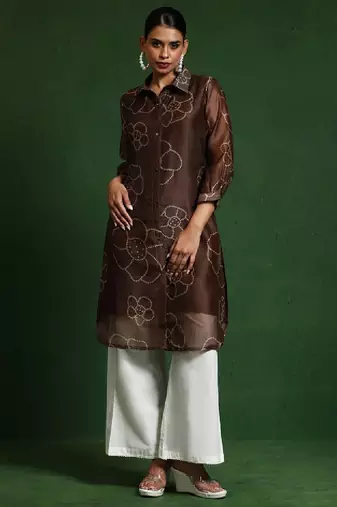 Floral printed chanderi silk shirt collar straight kurta