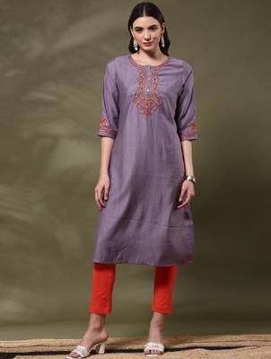 Embroidered thread work round neck straight kurta 2