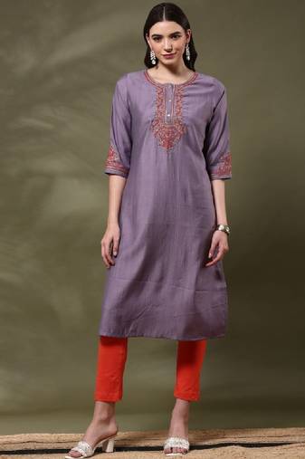 Embroidered thread work round neck straight kurta