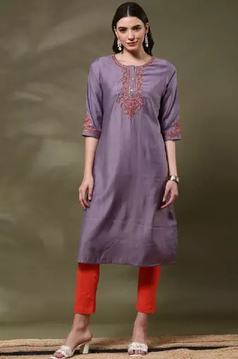 Embroidered thread work round neck straight kurta