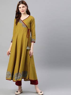 Floral yoke design angrakha v-neck patchwork a-line kurta 1