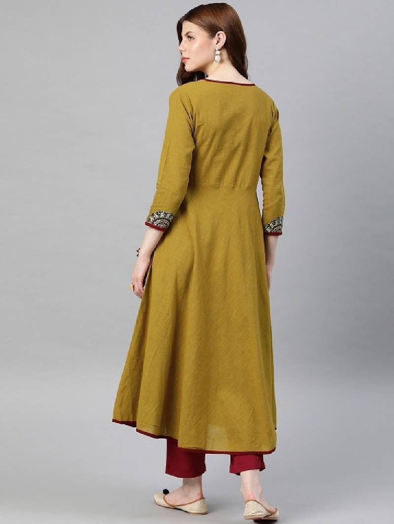 Floral yoke design angrakha v-neck patchwork a-line kurta