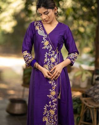 Purple floral embroidered angrakha v-neck thread work cotton silk a-line kurta 1