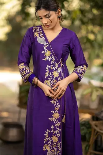 Purple floral embroidered angrakha v-neck thread work cotton silk a-line kurta