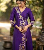 Purple floral embroidered angrakha v-neck thread work cotton silk a-line kurta