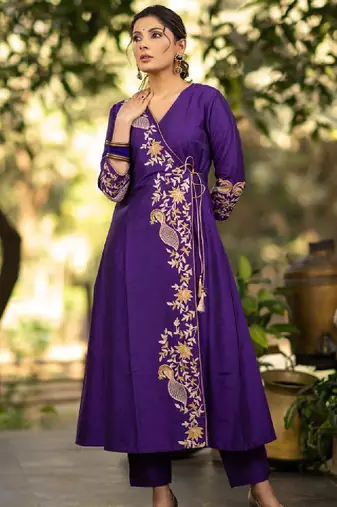 Purple floral embroidered angrakha v-neck thread work cotton silk a-line kurta