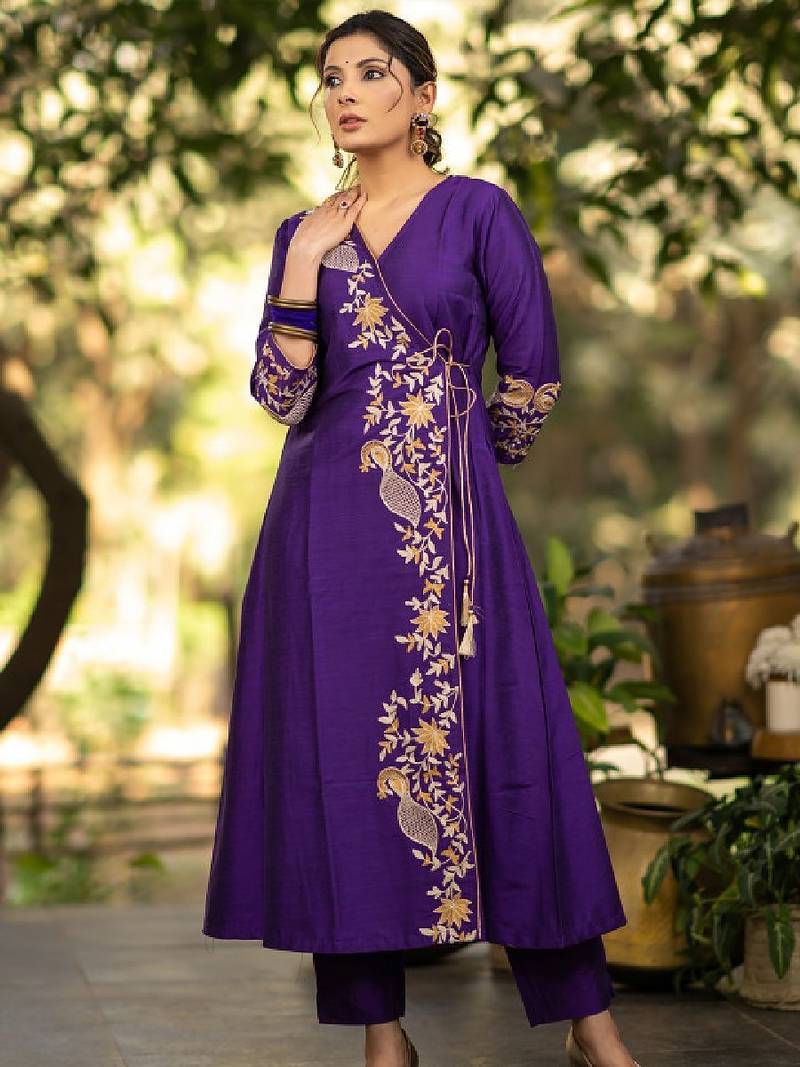 Purple floral embroidered angrakha v-neck thread work cotton silk a-line kurta