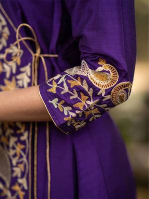 Purple floral embroidered angrakha v-neck thread work cotton silk a-line kurta 3