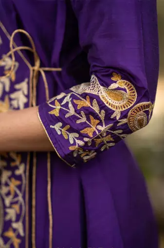 Purple floral embroidered angrakha v-neck thread work cotton silk a-line kurta