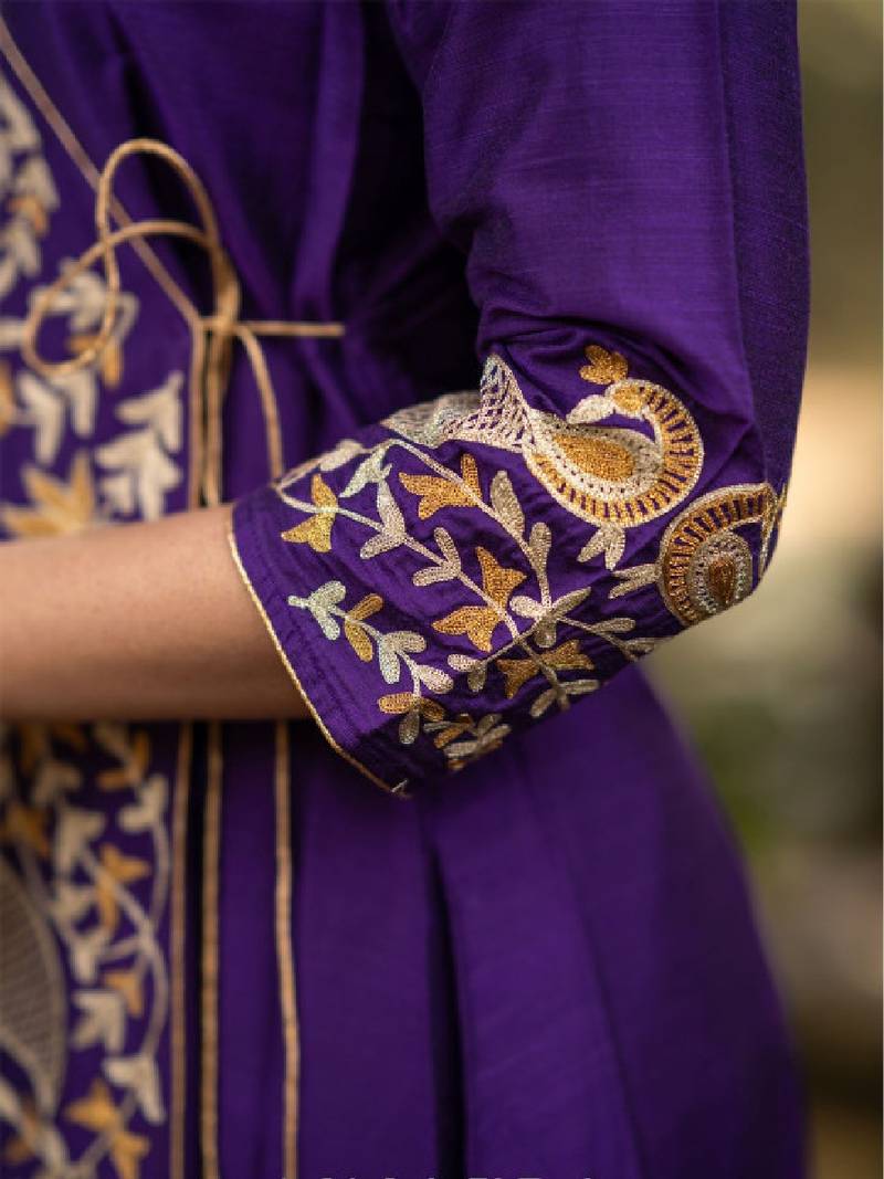 Purple floral embroidered angrakha v-neck thread work cotton silk a-line kurta