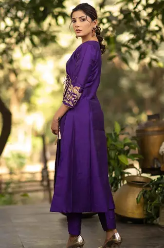 Purple floral embroidered angrakha v-neck thread work cotton silk a-line kurta