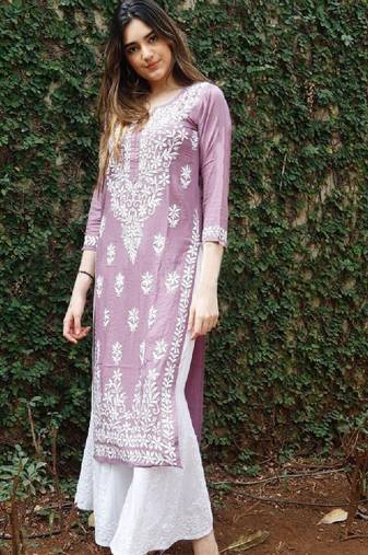 Floral embroidered notch neck chikankari straight kurta