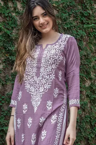 Floral embroidered notch neck chikankari straight kurta