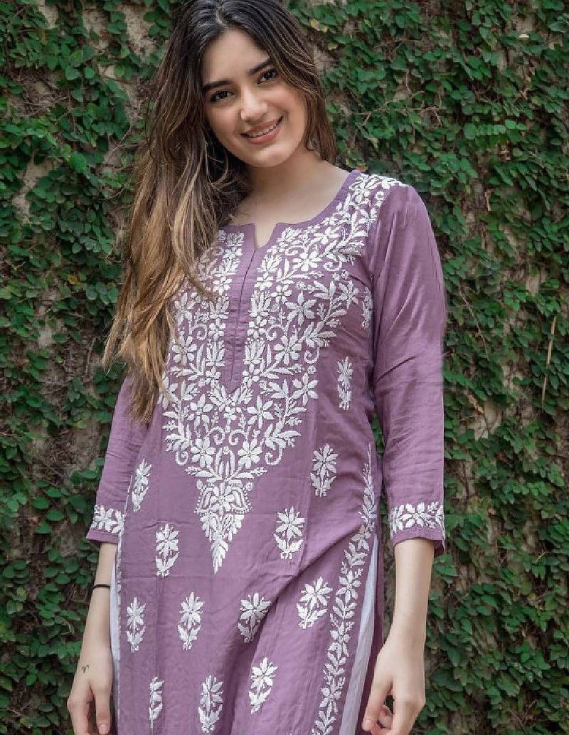 Floral embroidered notch neck chikankari straight kurta
