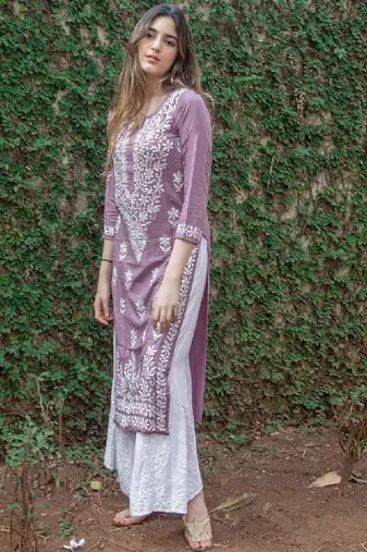 Floral embroidered notch neck chikankari straight kurta