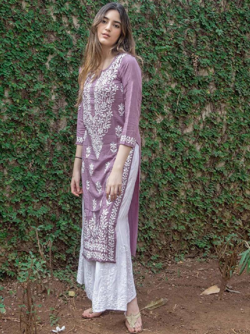 Floral embroidered notch neck chikankari straight kurta