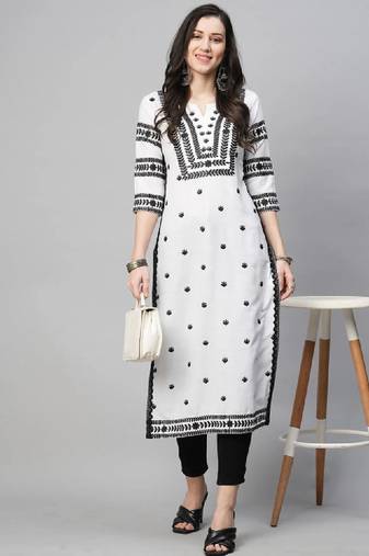Floral embroidered notch neck chikankari straight kurta