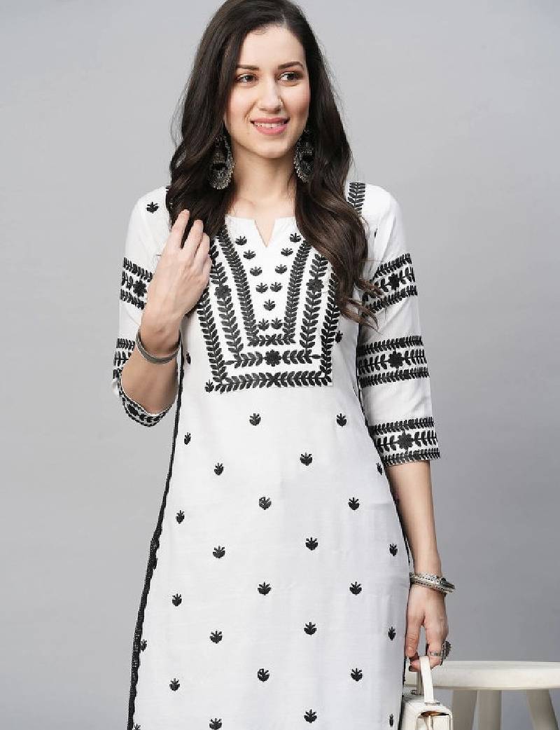 Floral embroidered notch neck chikankari straight kurta