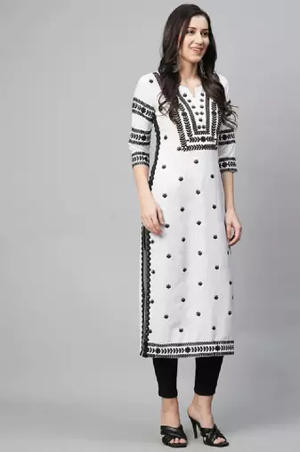 Floral embroidered notch neck chikankari straight kurta