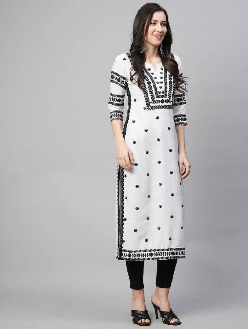 Floral embroidered notch neck chikankari straight kurta