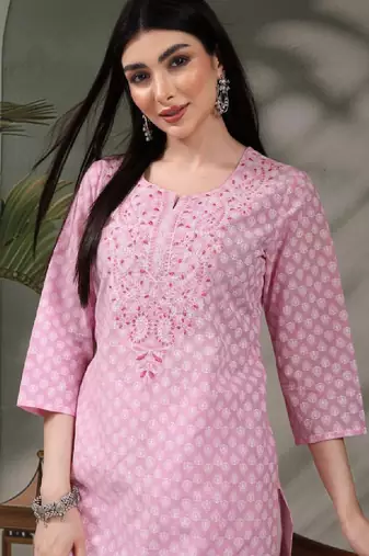 Floral printed thread work notch neck pure cotton straight kurta