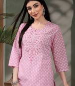 Floral printed thread work notch neck pure cotton straight kurta