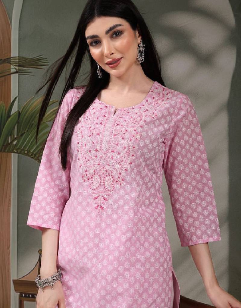 Floral printed thread work notch neck pure cotton straight kurta