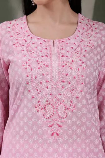 Floral printed thread work notch neck pure cotton straight kurta