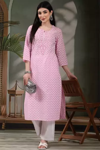 Floral printed thread work notch neck pure cotton straight kurta