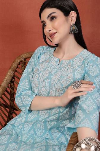 Floral printed thread work notch neck pure cotton straight kurta