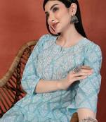 Floral printed thread work notch neck pure cotton straight kurta