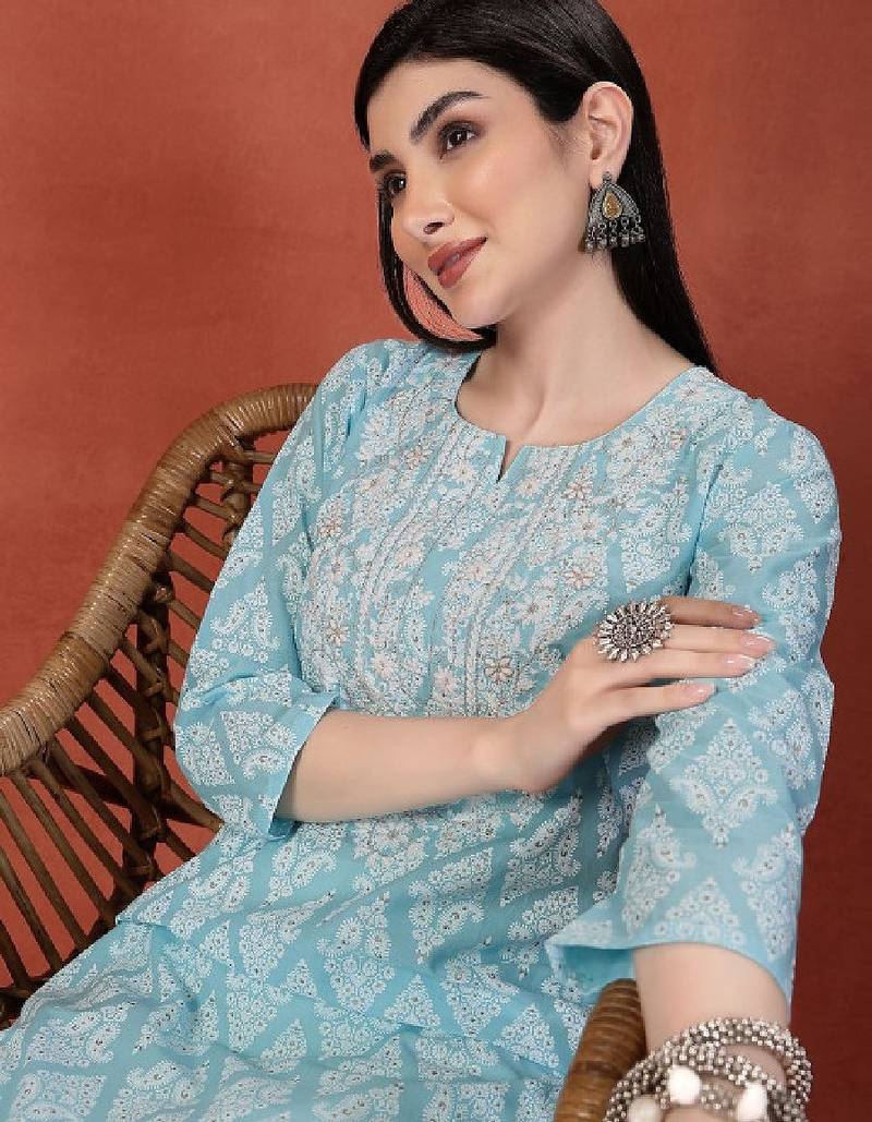Floral printed thread work notch neck pure cotton straight kurta