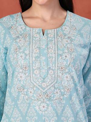 Floral printed thread work notch neck pure cotton straight kurta 2